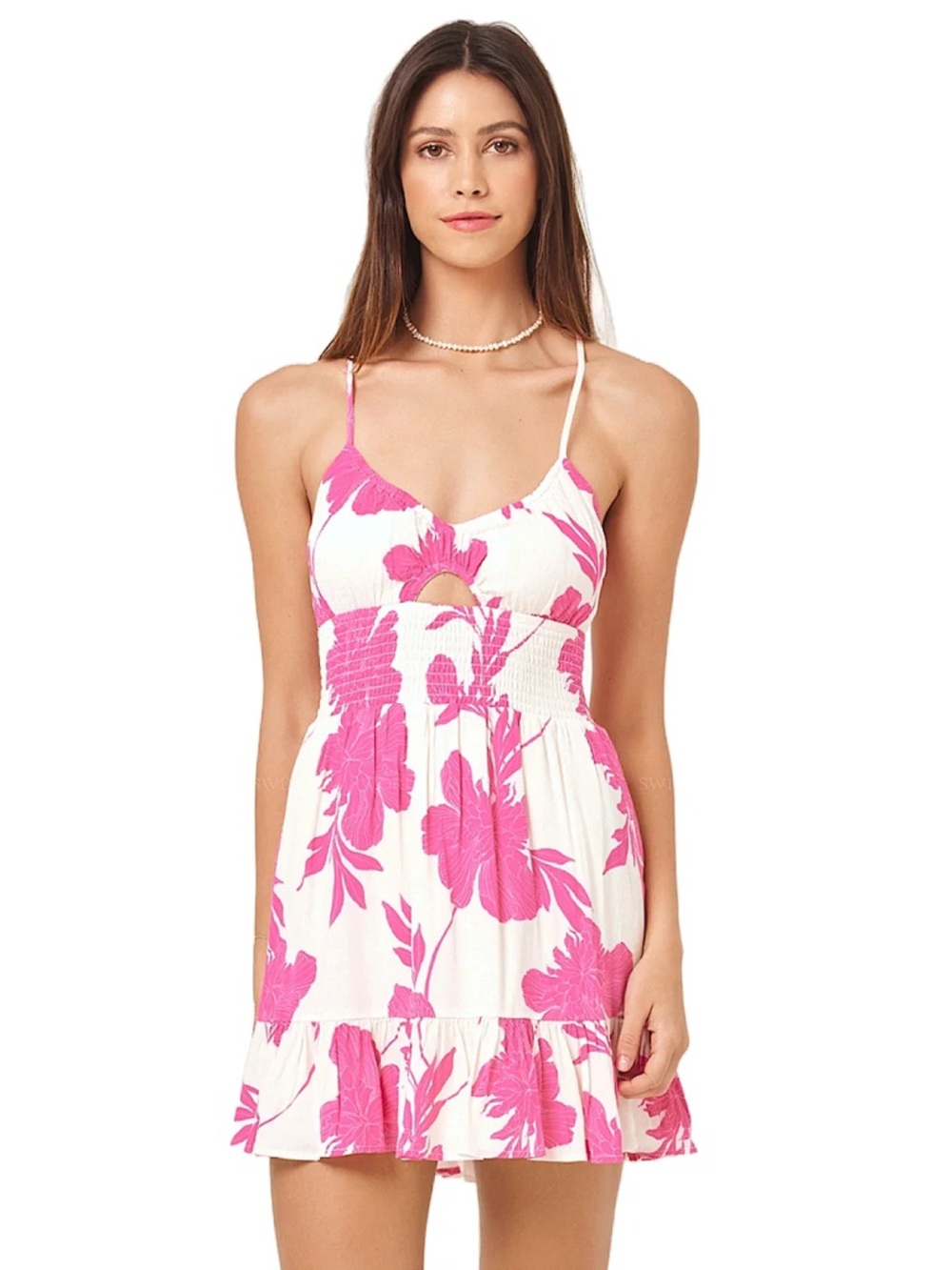 L*SPACE Bonita Mini Dress - Floral Smocked Mini Dress in White and Pink